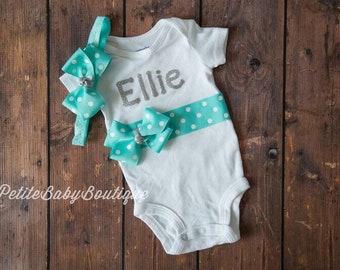 Personalized Baby Bodysuit: Silver Name, Teal Polka Dot Sash & Headband