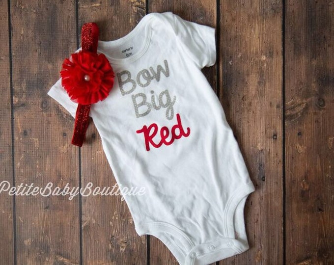 Bow Big Red! Silver and red Bow Big Red bodysuit with matching sparkly red headband! Nebraska baby girl outfit