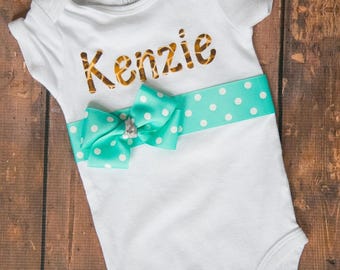Personalized Name Outfit with giraffe print name and teal polk a dot sash!