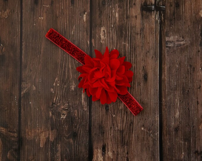 Red Flower Baby Headband / 4" Chiffon Flower on Red Elastic Sparkly Elastic Headband / 5/8" FOE Elastic