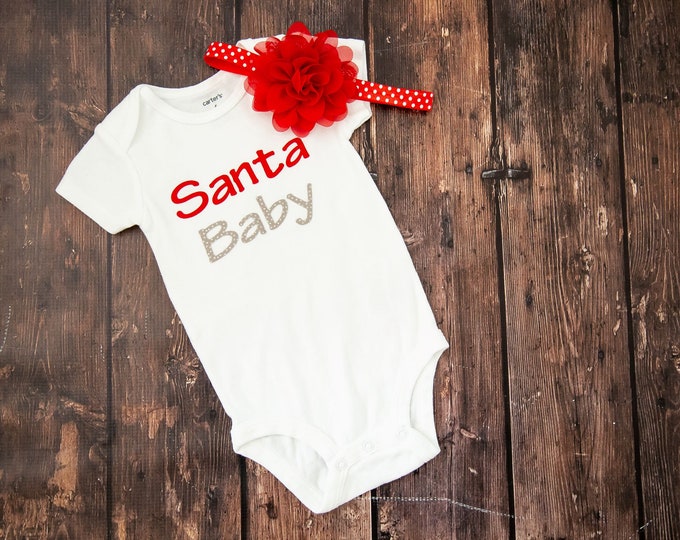 Santa Baby Bodysuit with matching red and white polka dot chiffon flower headband / Christmas baby outfit / baby girl Christmas Headband