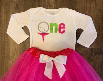 Golf 1st Birthday Outfit: Hole in One Bodysuit & Pink Tutu