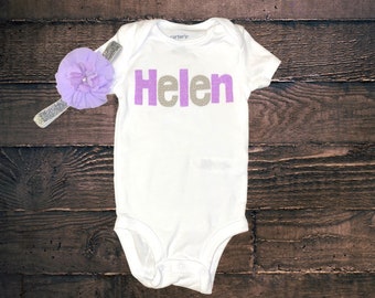 Custom purple and silver Monogrammed Name Outfit! Lavender and Grey Bodysuit and Headband Set! Sparkly silver headband