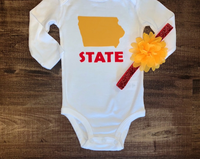 Iowa State bodysuit and matching headband for baby girl! Yellow chiffon flower on red elastic sparkly headband. Iowa State baby gift