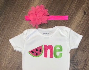 Watermelon 1st Birthday Outfit: Pink Bodysuit & Headband