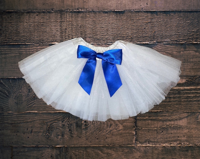 White infant or toddler tutu with royal blue satin removable or interchangeable bow / blue and white tutu / 4th of July / Christmas tutu