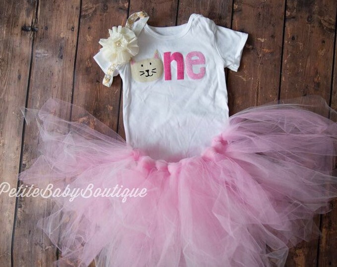 Kitten 1st Birthday Outfit! Gold kitten one First Birthday Outfit with matching pink tutu and light gold headband!