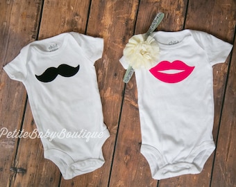 Mustache and Lips Twin Baby Bodysuits with sparkly elastic silver and cream floral headband