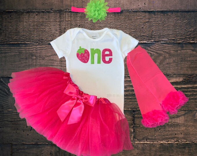 Berry Sweet One Strawberry 1st Birthday Bodysuit, Tutu, Headband and Leg Warmer Outfit Set! Pink and Green one First Birthday Outfit!