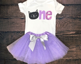 Kitten 1st Birthday Outfit: Purple Tutu, Black Cat Bodysuit