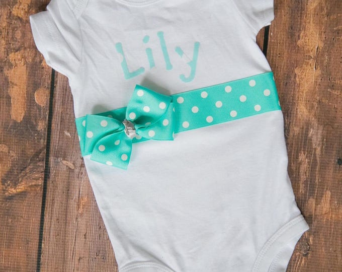 Personalized Name Outfit with teal name and teal polk a dot sash! Baby Girl Outfit / Hospital Outfit / Coming Home Outfit / Baby Shower Gift