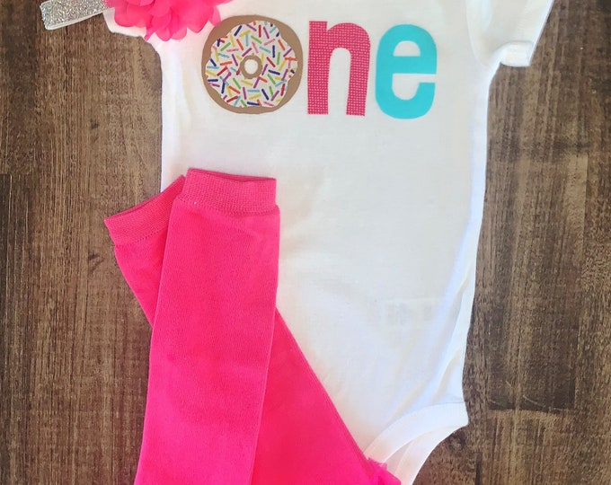 Donut grow up bodysuit / donut first birthday bodysuit with matching headband and leg warmers! Rainbow sprinkle donut one First Birthday