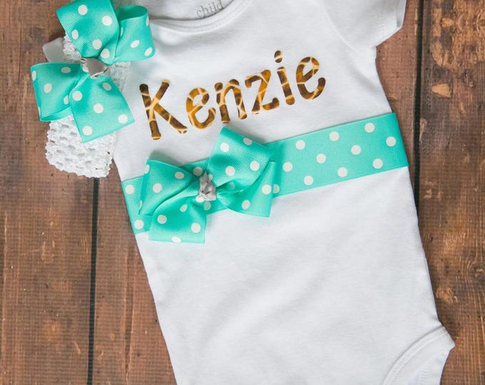 Personalized Name Outfit with giraffe pei t name and teal polk a dot sash and matching hair bow!