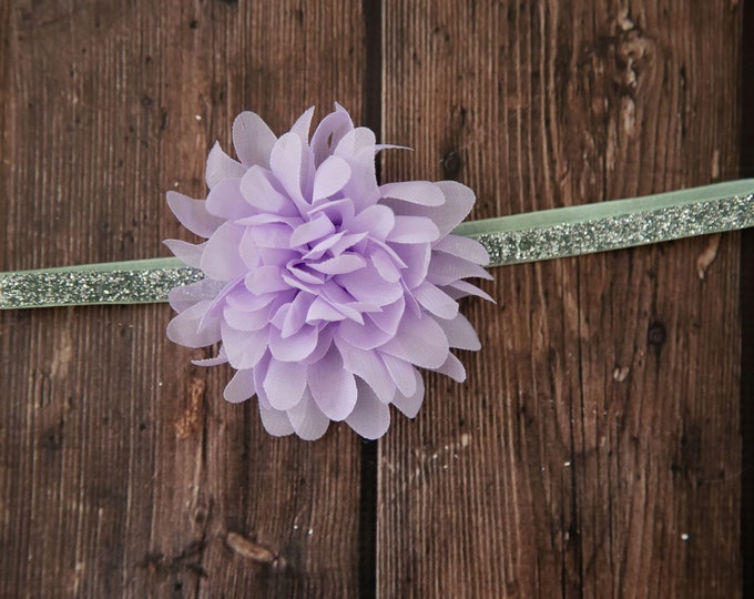 Purple and Silver Flower Baby Headband / 4" Chiffon Lavender Flower on Sparkly Silver Elastic Headband / 5/8" FOE Elastic Silver Glitter