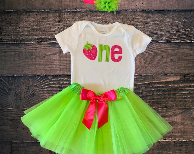 Berry Sweet One Strawberry 1st Birthday Bodysuit, Tutu and Headband Outfit Set! Pink and Green one First Birthday Outfit!