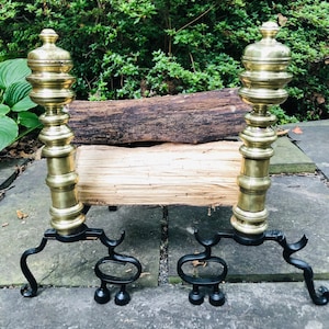 Pair Antique Cast Brass Andirons; Circa Late 19th Century Brass Firedogs; Cozy Fireplace; Warm Patina