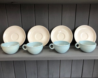 Mid-Century Modern Russel Wright Iroquois Cups and Saucers, Light Blue China