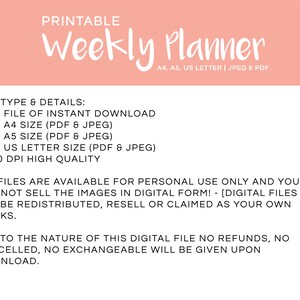 a4 pdf printable weekly planner 7 day week to do list etsy