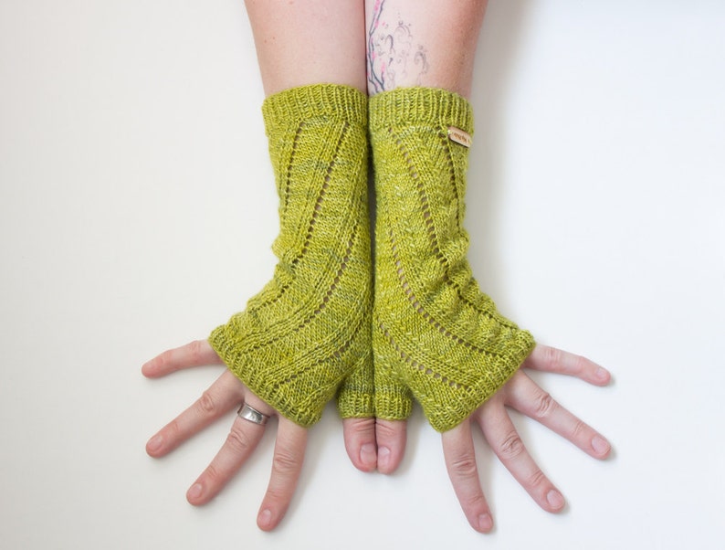Women/'s Fingerless Mitts Grasshopper Swirl Mitts ~ Knit Fingerless gloves mittens Boho knit glove mittens Long knit gloves