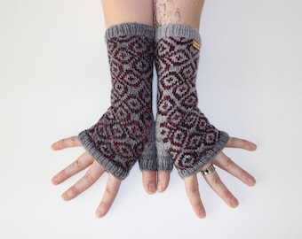 Wine & Clouds ~ Knit Fingerless gloves, Fingerless glove mittens, Long knit gloves, Boho knit glove mittens, Women's Fingerless Mitts