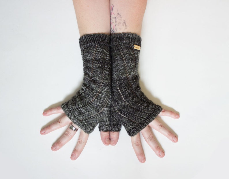 Graphite Swirl Mitts Knit Fingerless Gloves Mittens, Long Knit Gloves, Boho Knit Glove Mittens