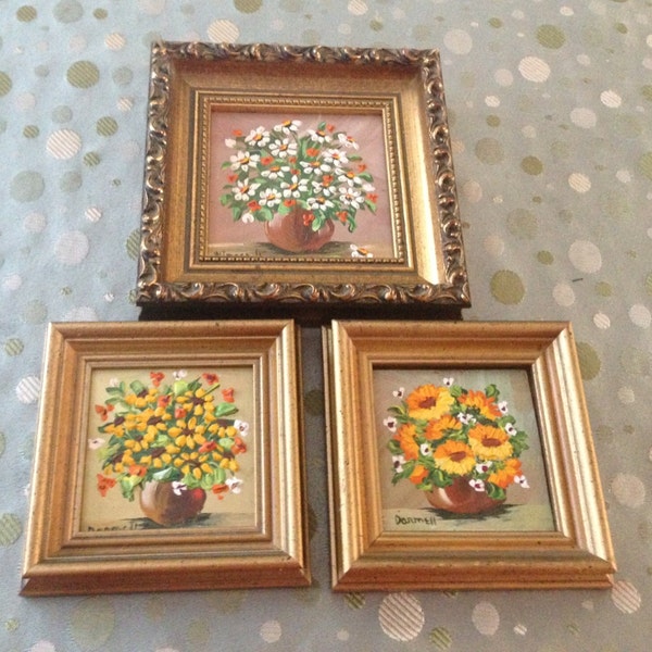 Set of 3 Miniature Floral Oil Paintings signed by Ginger Darnell