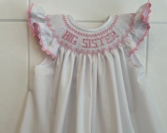 Big Sister Hand-Smocked Bishop Dress/Angel Sleeves/White/Pink/Blue/Lime (Toddler and Little Girls)