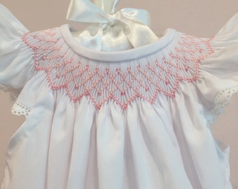 Hand Smocked Bubble/White/Pink/NewBorn/Infant
