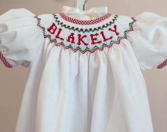 Smocked DRESS/BUBBLE/Personalized/Name/Puff Sleeve/Christmas/Red/Green