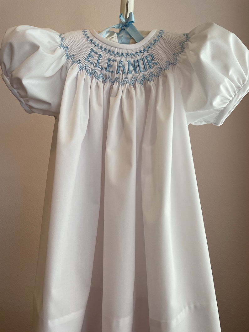 Smocked Dress/personalized/name/white/blue/blue Rick Rack Angel Sleeves ...