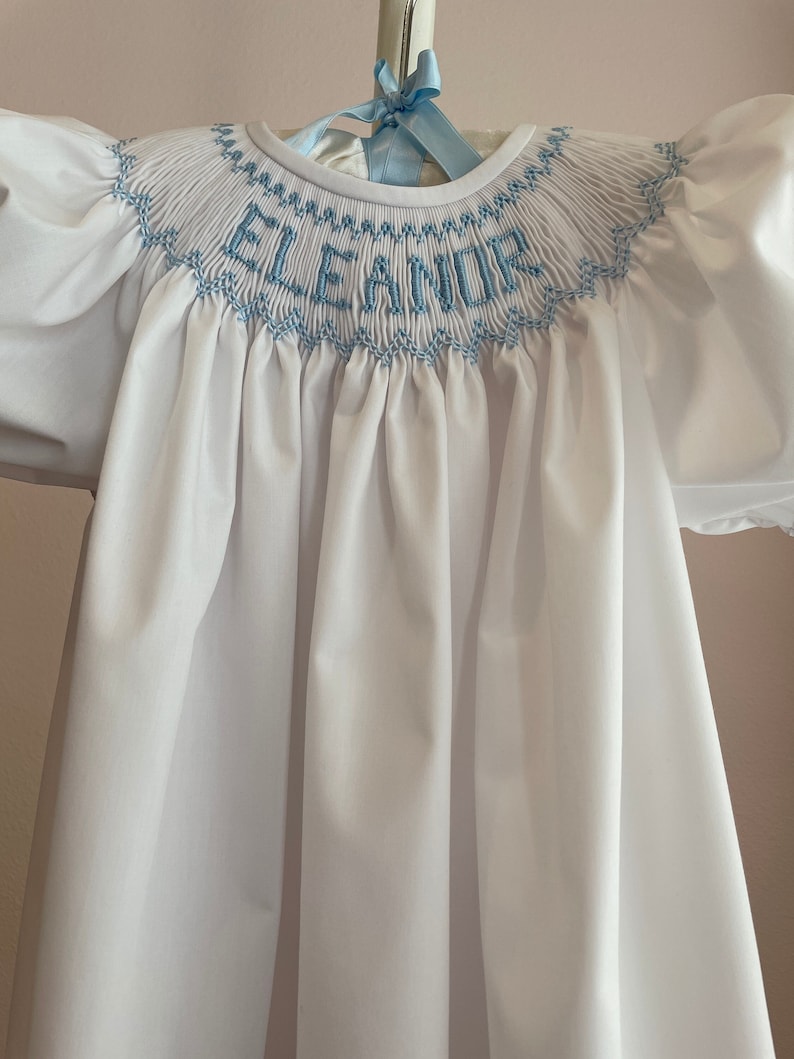 Smocked Dress/personalized/name/white/blue/blue Rick Rack Angel Sleeves ...