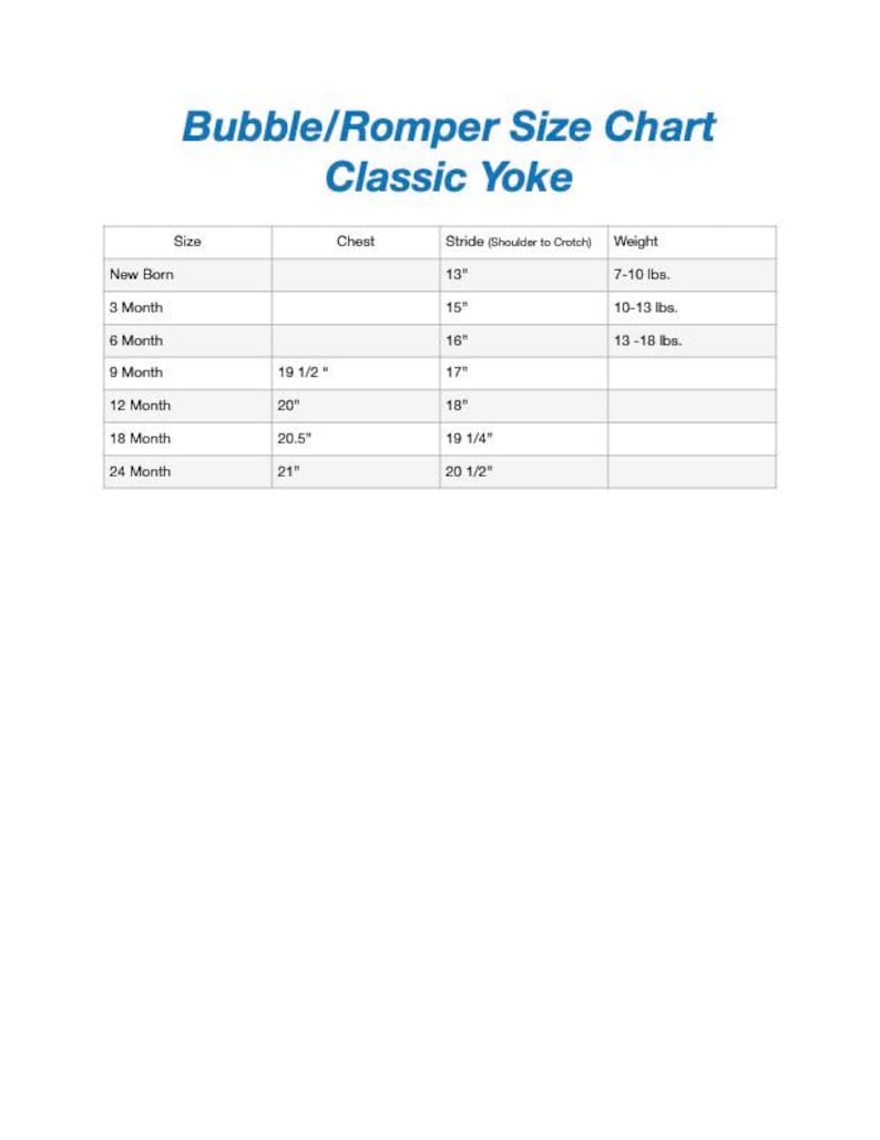 May include: A white chart titled "Bubble/Romper Size Chart Classic Yoke" with size, chest, stride, and weight measurements. Sizes range from newborn to 24 months, with chest measurements from 13" to 21" and weights from 7-10 lbs to 13-18 lbs.