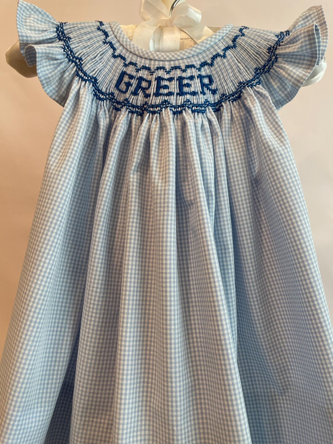 Pre-Order Hand Smocked Custom Name Sweet Scalloped Bow Dress