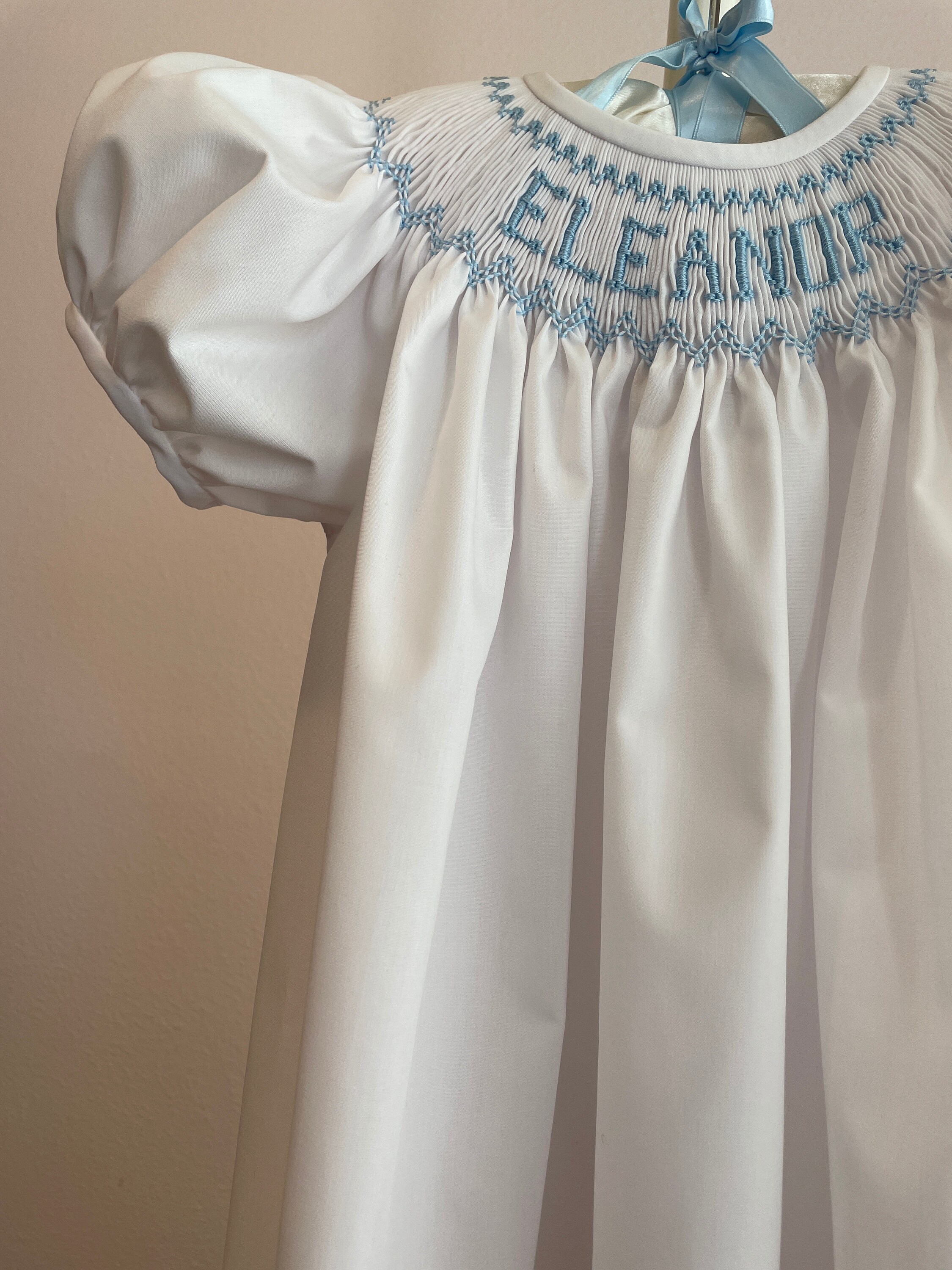 Smocked Dress/personalized/name/white/blue/blue Rick Rack Angel Sleeves ...