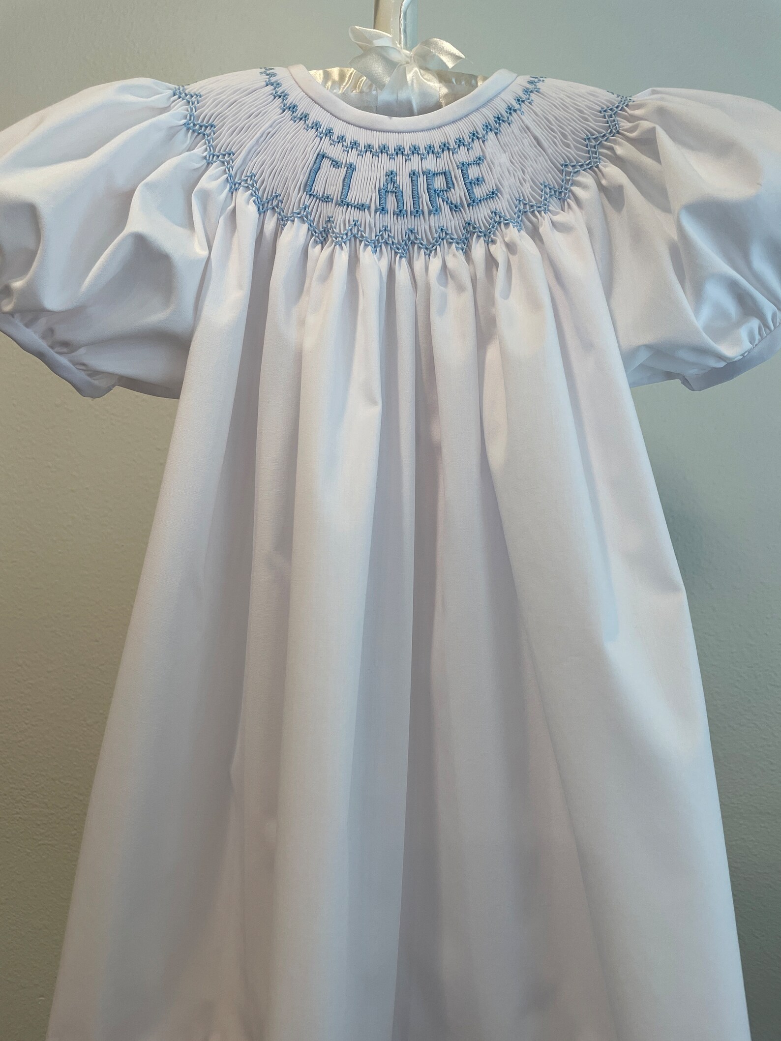 Smocked Dress/personalized/name/white/blue/blue Rick Rack Angel Sleeves ...