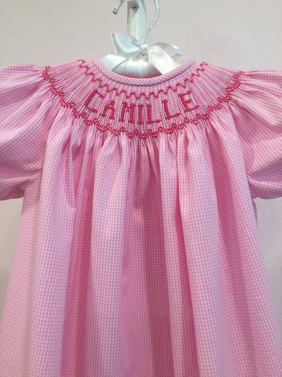 Baby Girl Sally White/Pink Hand Smocked Bishop Pima Gown With Bonnet
