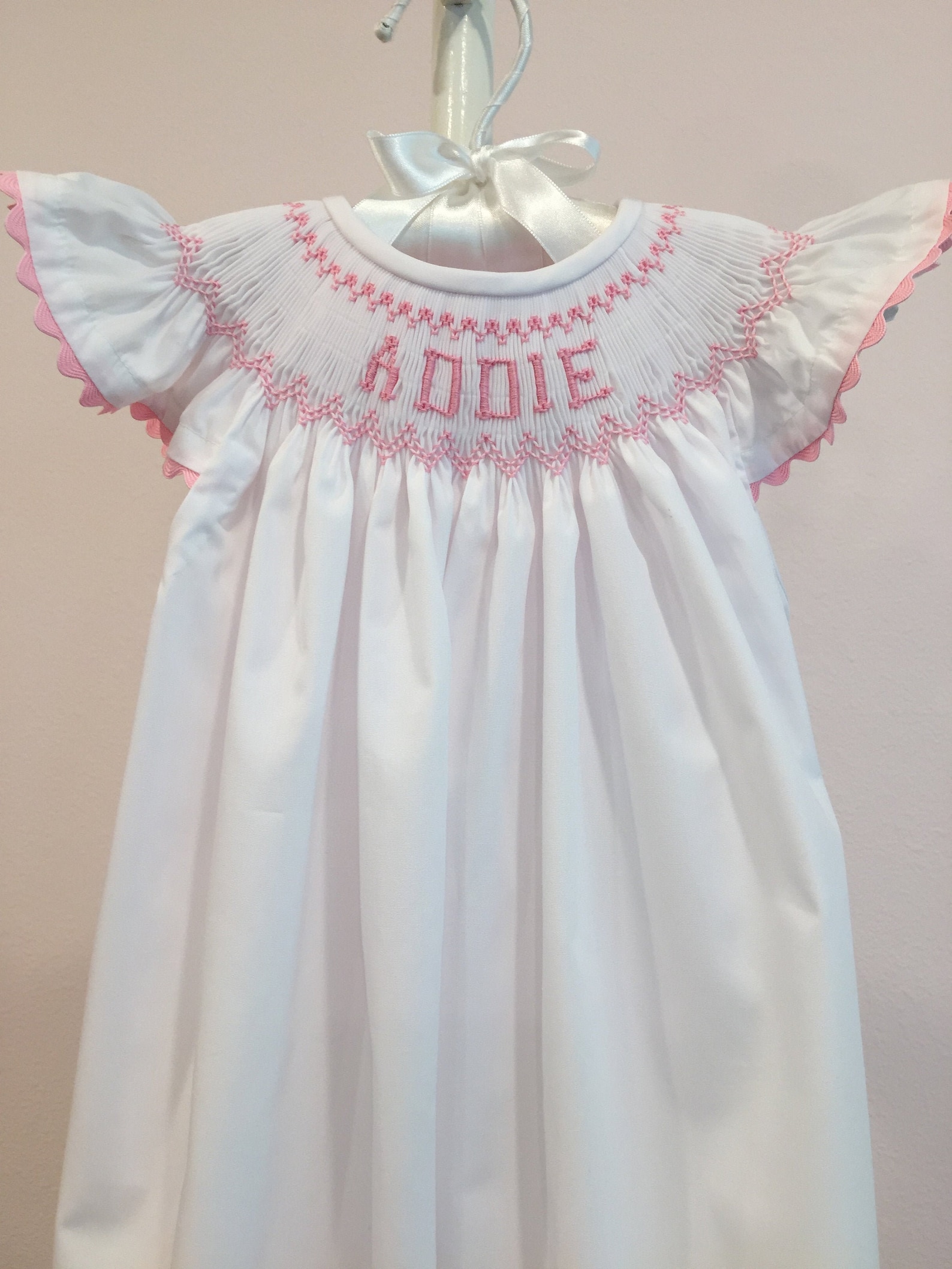 Smocked Dress/personalized/name/white/pink/pink Rick Rack Angel Sleeves ...