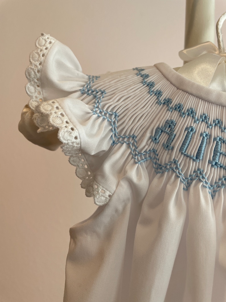 Smocked Dress/personalized/name/white/blue/blue Rick Rack Angel Sleeves ...
