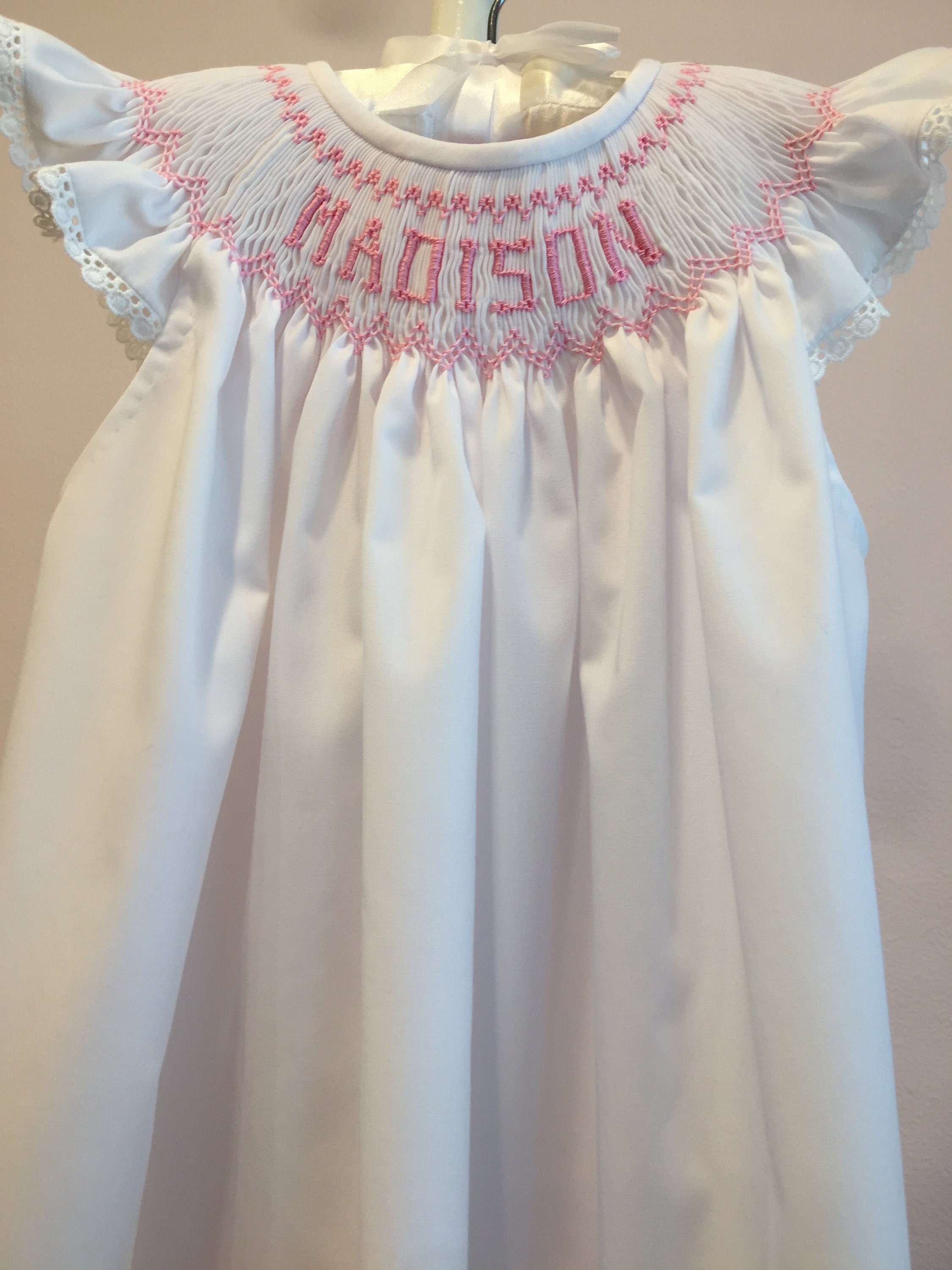Smocked Dress/personalized/name/white/pink/pink Rick Rack Angel Sleeves ...