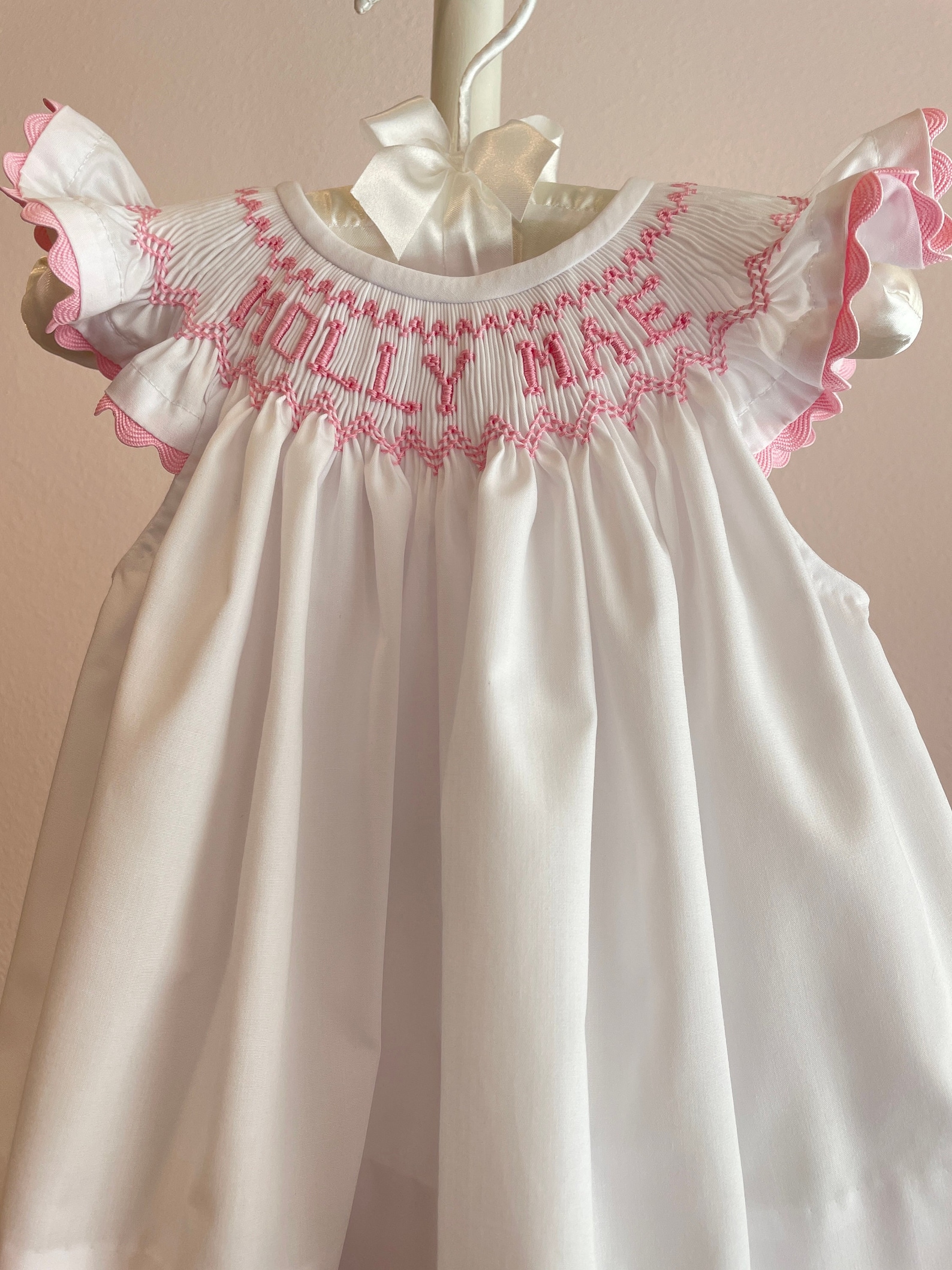 Smocked Dress/personalized/name/white/pink/pink Rick Rack Angel Sleeves ...