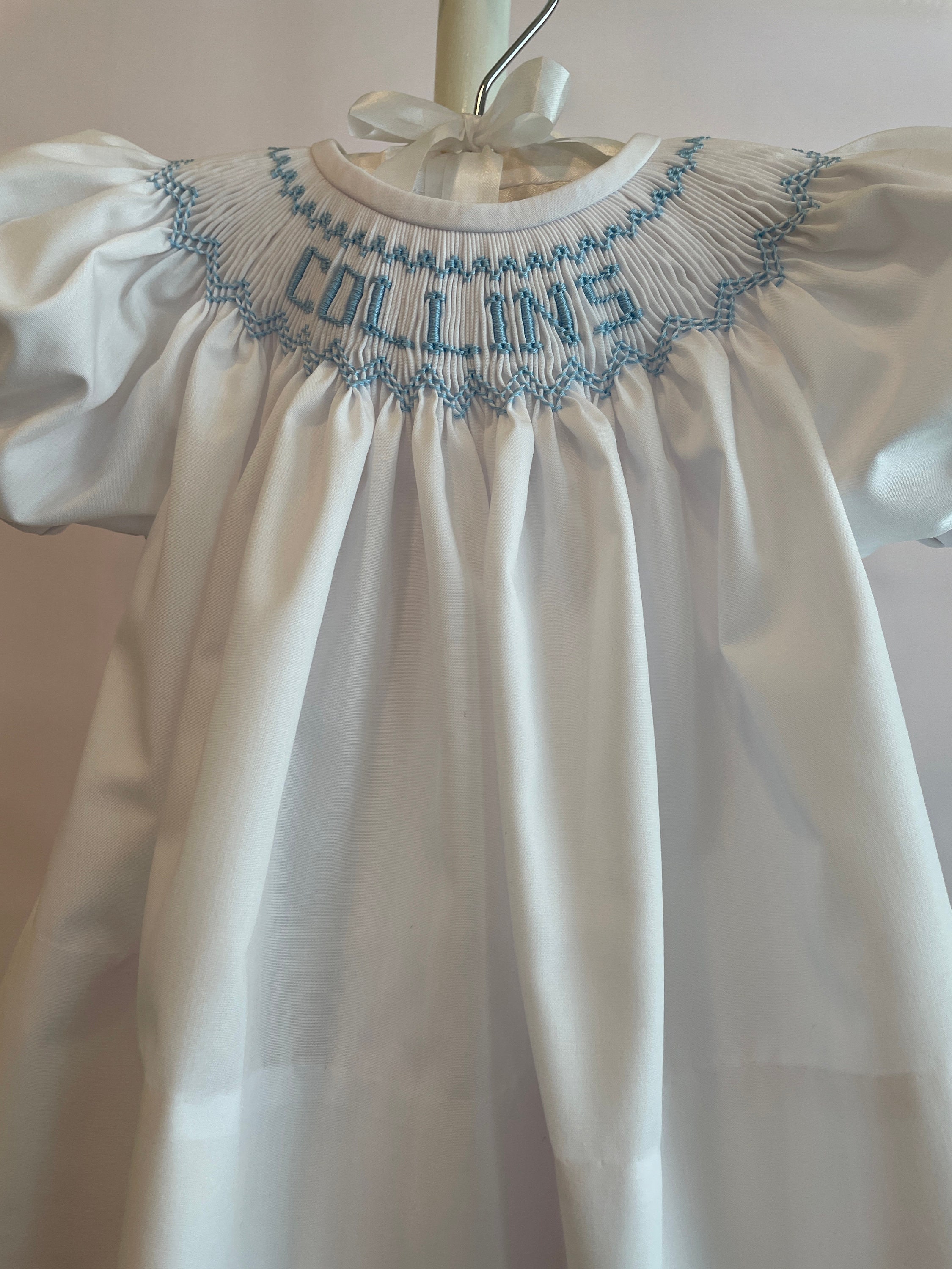 Smocked Dress/personalized/name/white/blue/blue Rick Rack Angel Sleeves ...