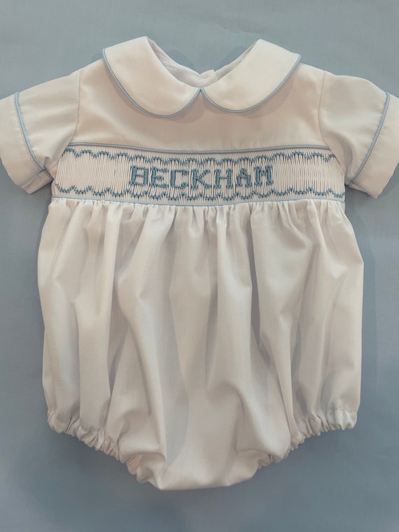 Special Occasion White/Pale Blue/Tan/Blue/Red Personalized Hand Smocked Bubble