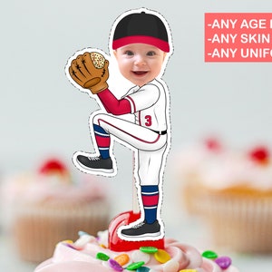 May include: A cartoon baseball player wearing a white uniform with red and blue accents, a black cap with a red brim, and a brown glove. The player is in a pitching pose.