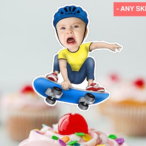 May include: A blue and yellow cartoon illustration of a child wearing a blue helmet and riding a blue skateboard. The child is wearing a yellow shirt and blue jeans. The image is on a white background.