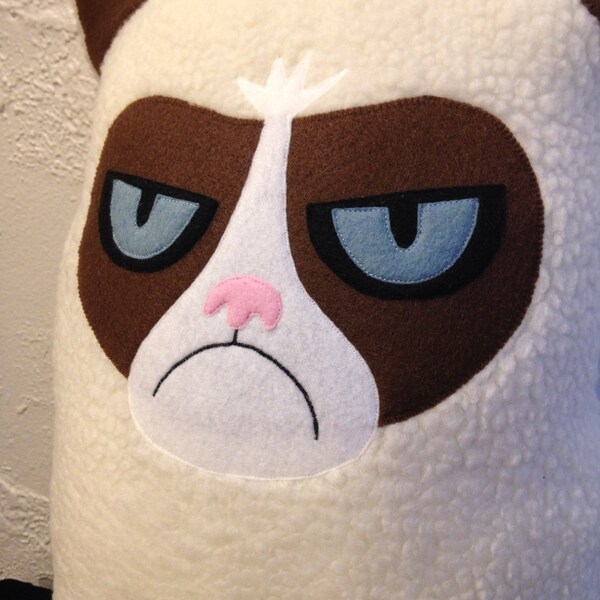 Grumpy Cat inspired, Fluffy white, Geeky stuffed plush pillow