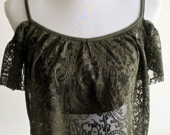 Green lace / off the shoulder Boho gypsy top/ Bardot /Festival/ summer /going out / casual / bare shoulder/ sexy /