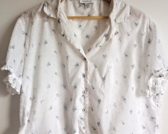 White button down blouse with blue and lilac floral design/ Boho / spring / summer