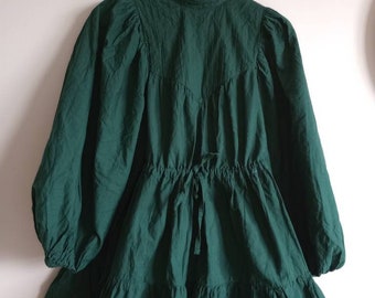 Gorgeous pintuck mini skater dress in  bottle green with balloon sleeves/ boho glam / puff sleeves / high neck dress