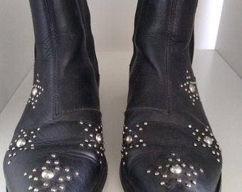 Star gazer Women's black leather star studded ankle boots / Shoes / flats / low heel / festival / boho / biker / rock n roll / gifts