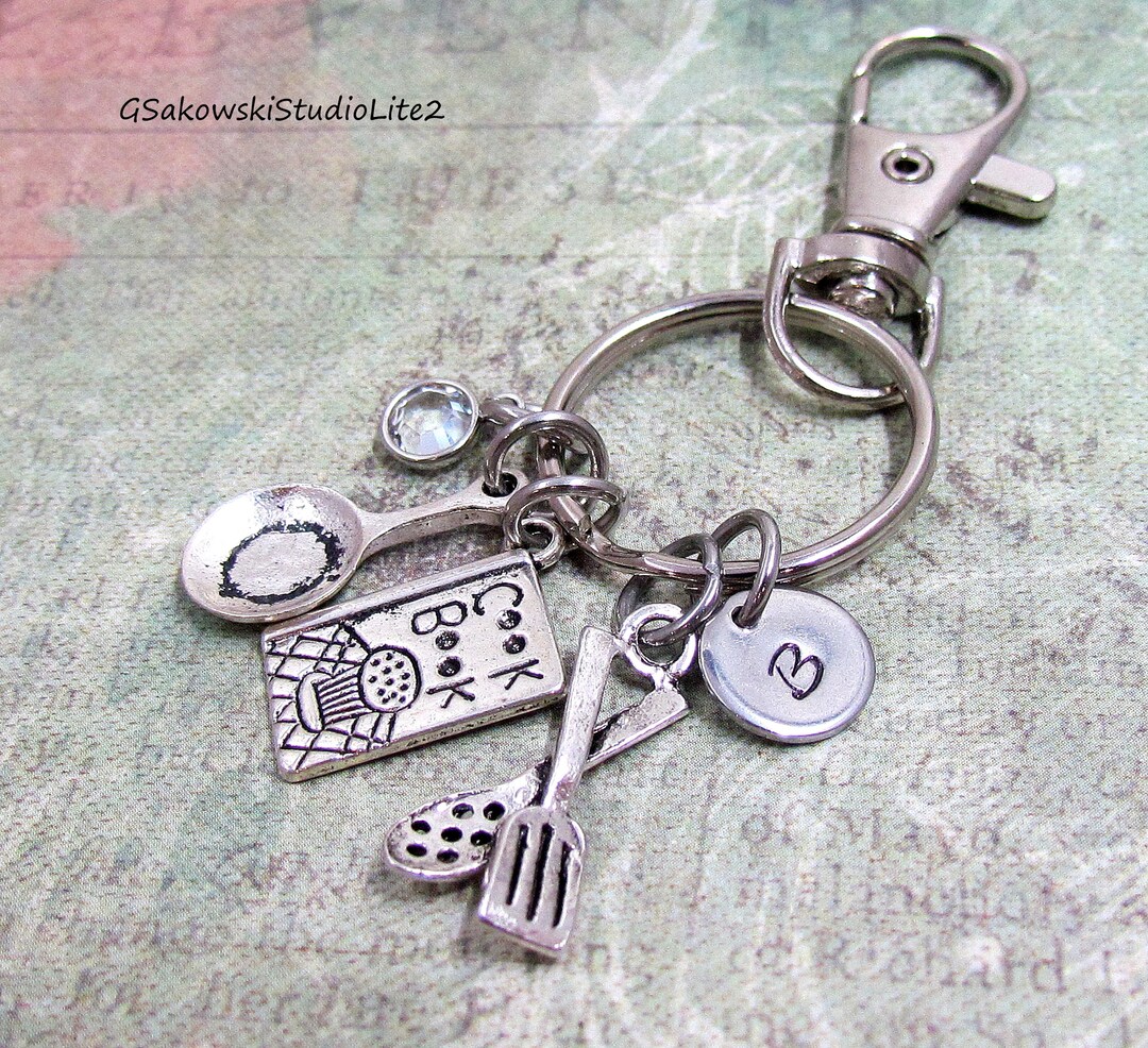 Cooking Charms Key Ring, Personalized Antique Silver Initial Birthstone ...